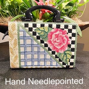 Modern Floral & Geometric Needlepointed Tote, Suede Lining, Leather Gussets